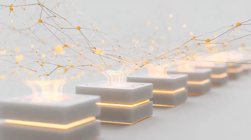 Glowing blocks linked by a web of light