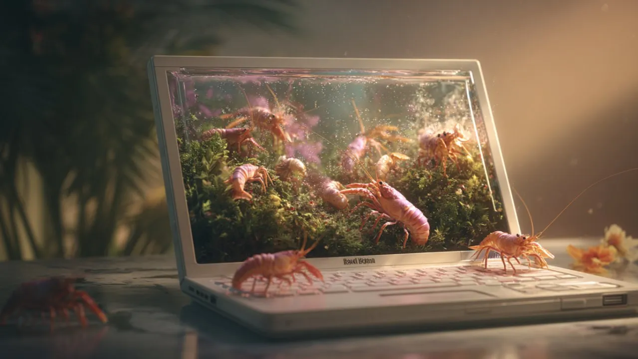 Crayfish climbing out of an open laptop screen