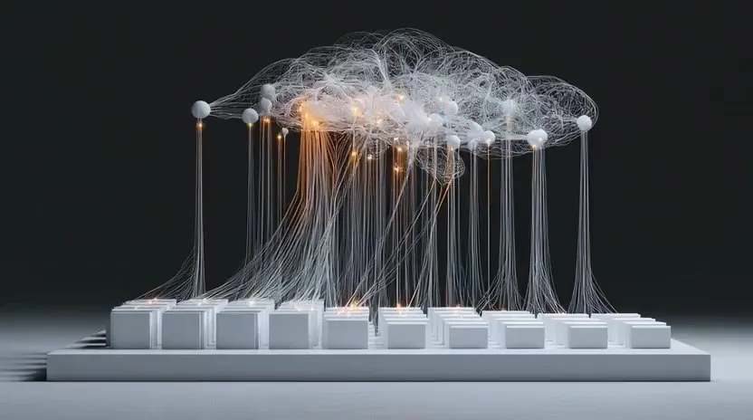 Strands of data rising from a row of blocks into a cloud