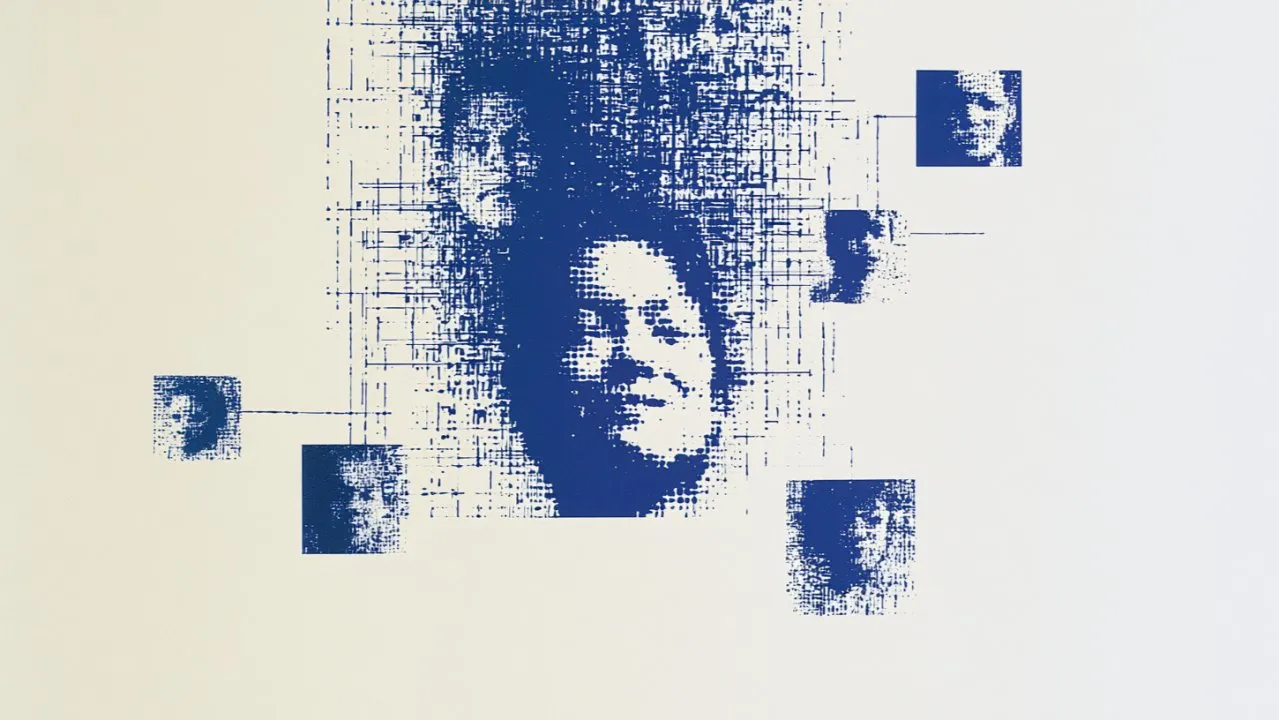 Pixelated portrait illustration breaking into floating squares
